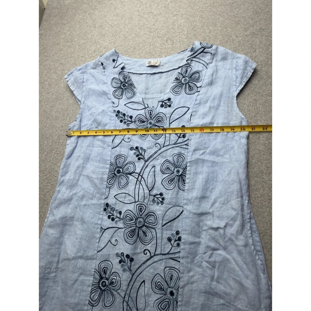 100% Lino Dress Womens Large Blue Embroidered Linen Boho Shift Pockets Italy - Picture 11 of 14